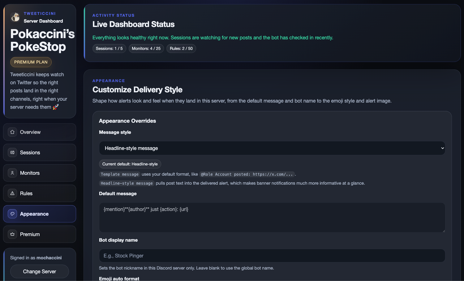Tweeticcini dashboard appearance preview