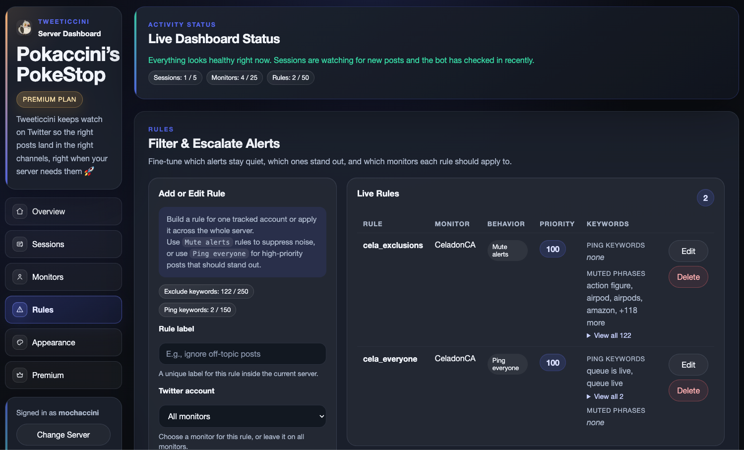 Tweeticcini dashboard rules preview