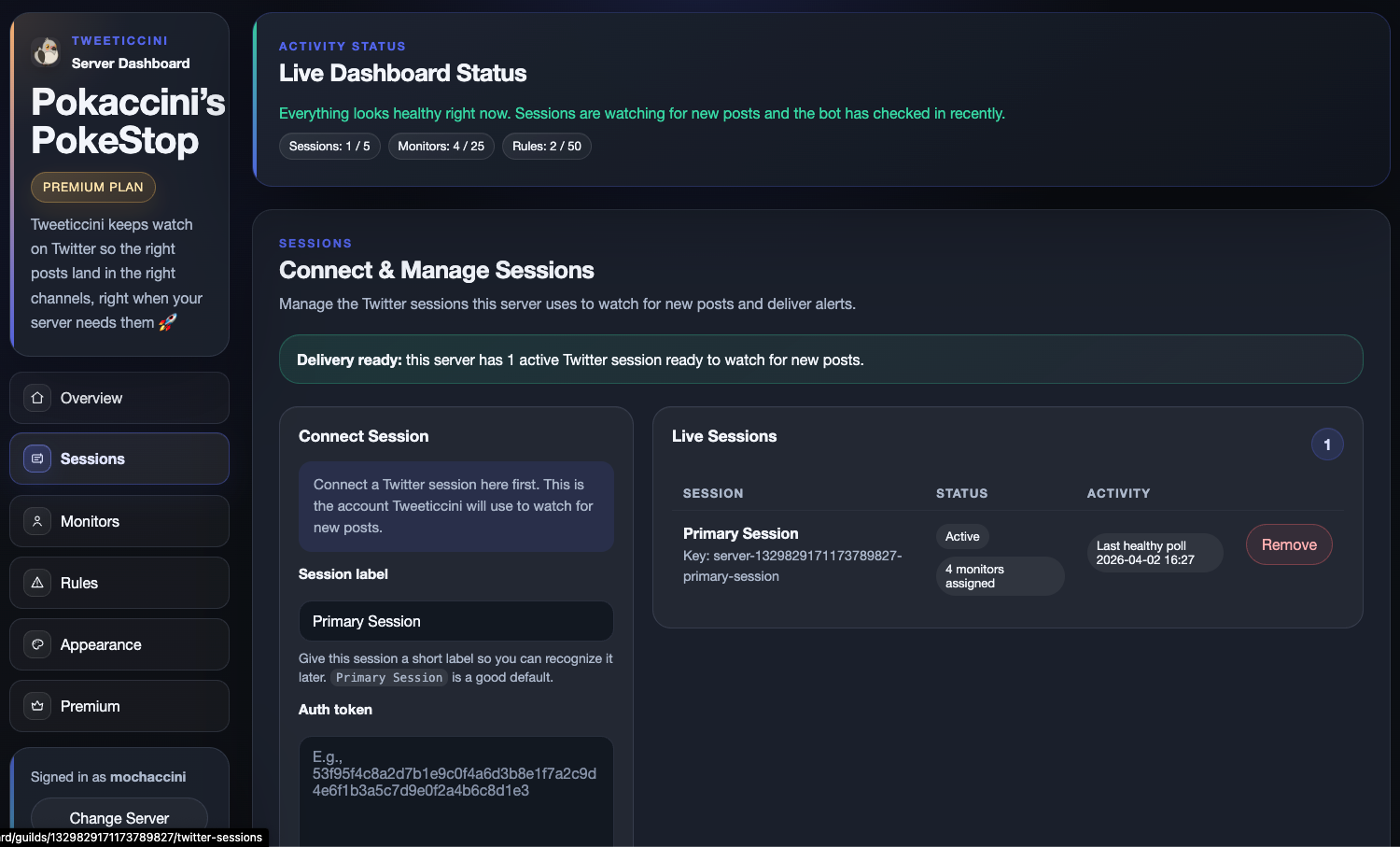Tweeticcini dashboard sessions preview
